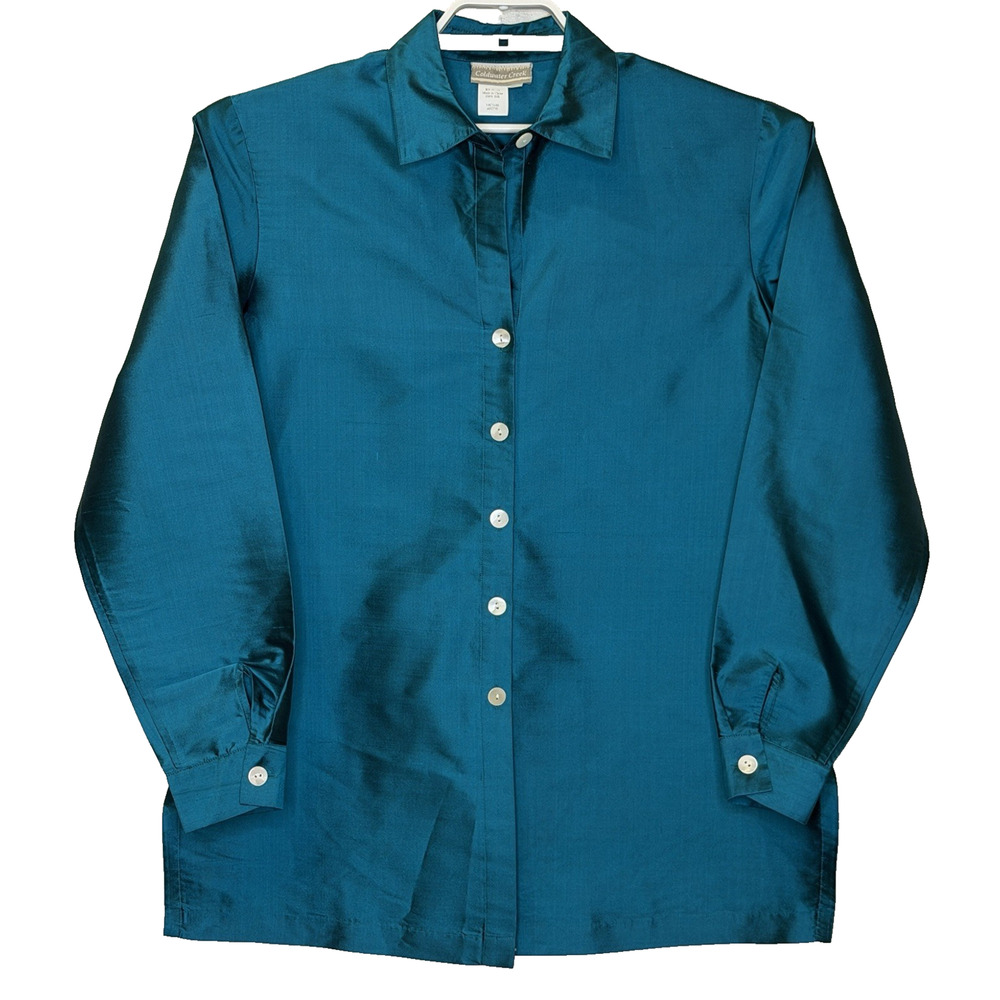 Coldwater Creek Button Front Top Womens Sz‎ Medium Green 100% Silk Long Sleeve